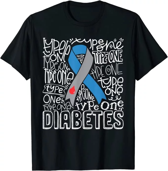 Grey And Blue Ribbon Typography Type 1 Diabetes Awareness T-Shirt