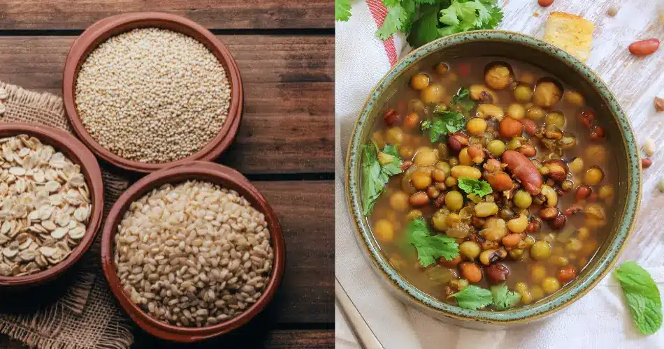 A Side By Side Image Showing Whole Grains Quinoa Oats Brown Rice And Legumes Lentils Black Beans A Bowl Of Lentisl And Bean Soup Side By Side With 3 Bowls Of Rice, Oats, And Quinoa