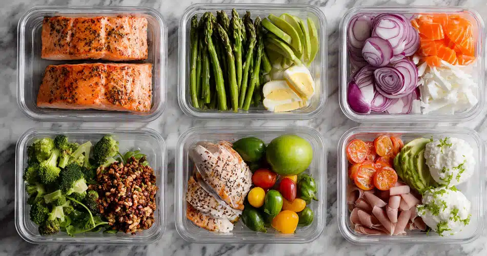 Organize Meals To Reduce Glucose Spikes Six Meal Prep Containers Filled With Balanced Foods Like Salmon, Chicken, Vegetables, Eggs, And Avocado, Representing Organized, Low-Glycemic Meals For Diabetes Management.